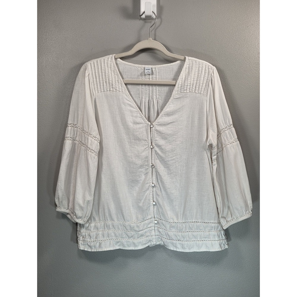 Old Navy Womens M Linen Blend Blouse White Pintuck Lace Pearl Button Boho